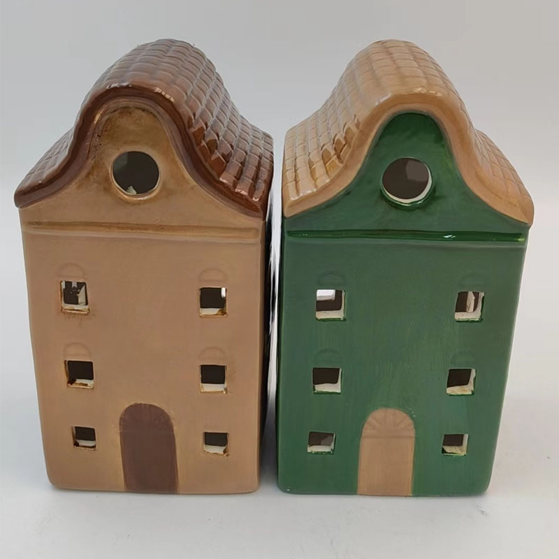 Dutch Canal House Hollow Ceramic Candle House, Retro Cottage Ornament (Brown / Green)