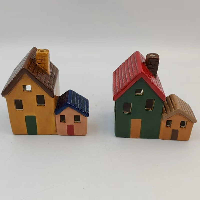 Connected Ceramic House Tealight Holder | Textured Tile Roofs & Colorful Chimneys | Holiday Miniature Village Accent | Creative Party Favor