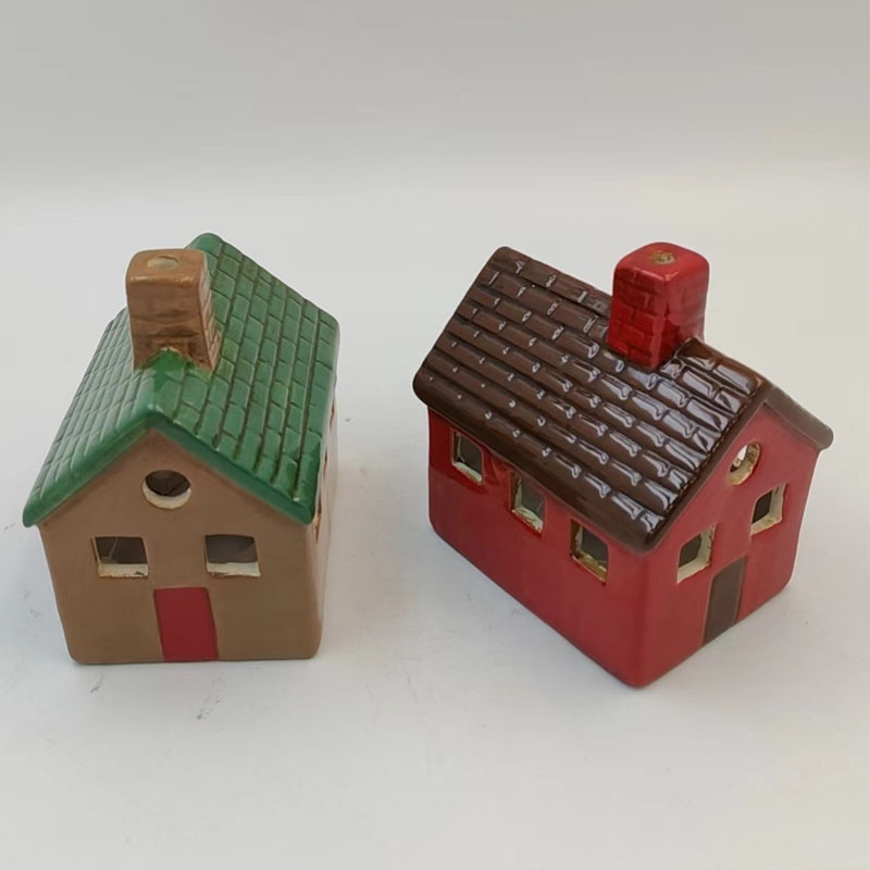 Glossy Ceramic Village House Figurine with Chimney, Embossed Tile Roof and Hollow Cut‑Out Windows, Green‑Roof & Brown‑Roof Options