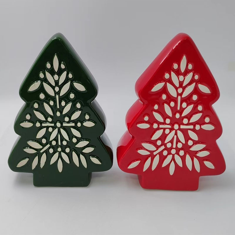 Glossy Ceramic Christmas Tree Figurine with Folk‑Style Floral Cut‑Out Pattern, Dark‑Green & Bright‑Red, Holiday Tabletop Decor