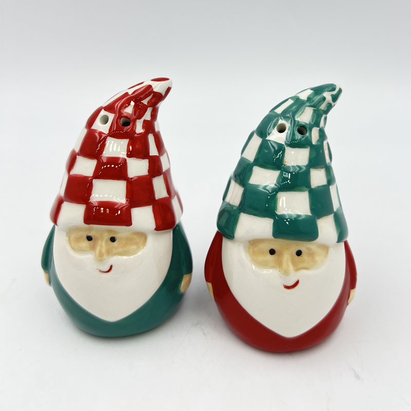 Checkered Pointy Hat Red & Green Santa Claus Set, Christmas Ceramic Home Decoration