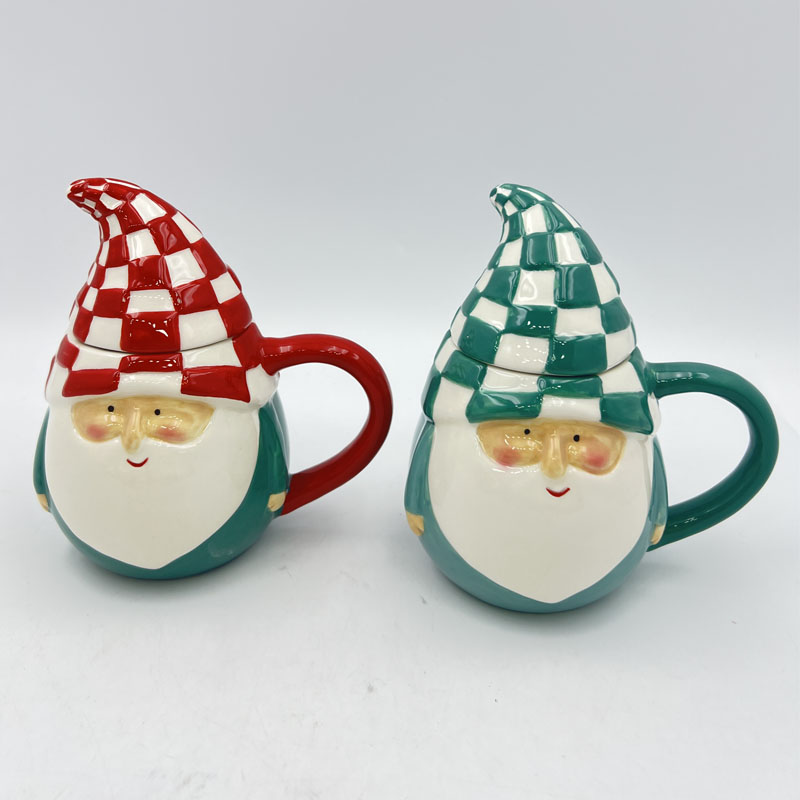 Checkered Hat Santa Ceramic Mug with Lid | Red & Green Color Options | Cute Chubby Face Cartoon Design | Holiday Hot Drink Cup & Gift