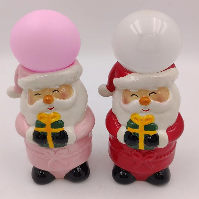 Glossy Ceramic Santa Night Light Holding Gift Box, Pink & Red Santa Figurine , Christmas Tabletop Decor Lamp