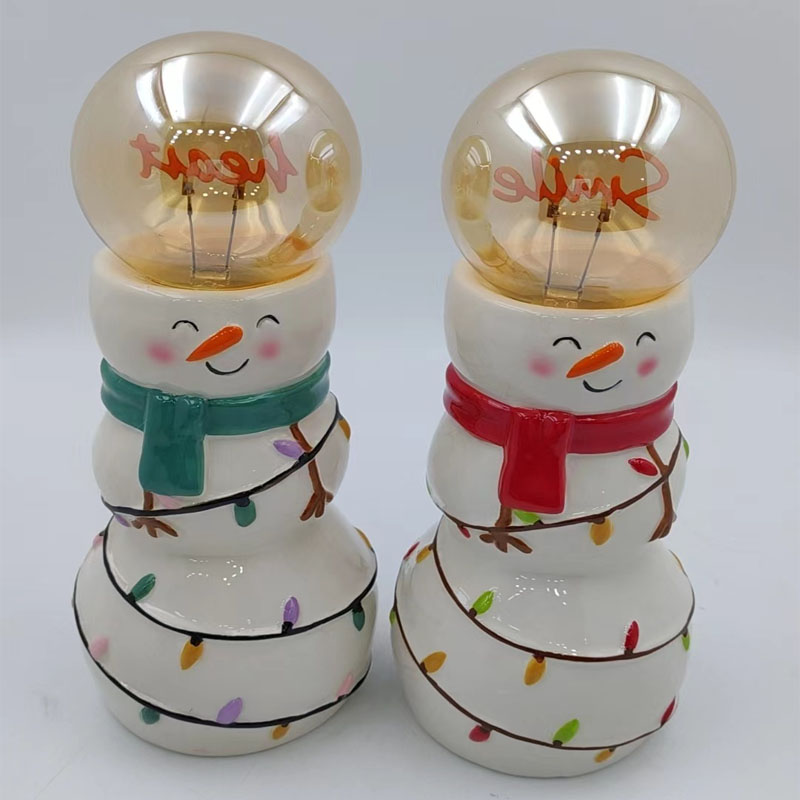 Snowman String Lights Ceramic Night Light | Amber Vintage Glass Bulb Shade | Cozy Holiday Tabletop Figurine