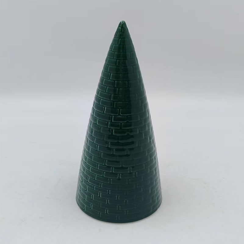 Dark Green Brick Pattern Cone Ceramic Christmas Tree, Minimalist Embossed Holiday Decor Figurine