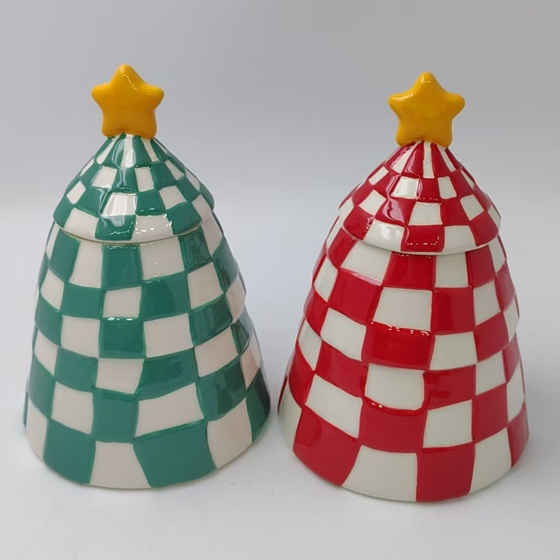 Checkered Christmas Tree Ceramic Storage Jar with Lid | Yellow Star Lid Handle | Holiday Candy Canister & Tabletop Figurine