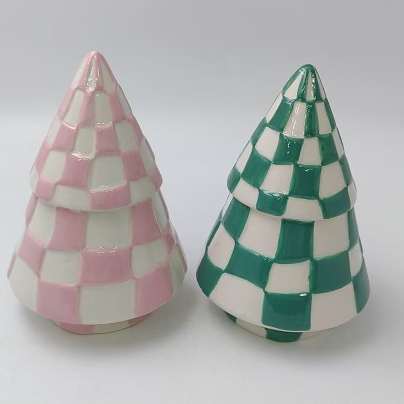 Glossy Checkered Ceramic Christmas Tree Figurine, Pink‑White & Green‑White Checkerboard Pattern, Tiered Lidded Holiday Tabletop Decor