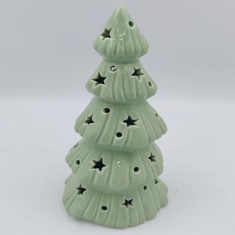 Mint‑Green Ceramic Christmas Tree Figurine, Star Hollow Cutout Design, Farmhouse‑Style Xmas Home Gift