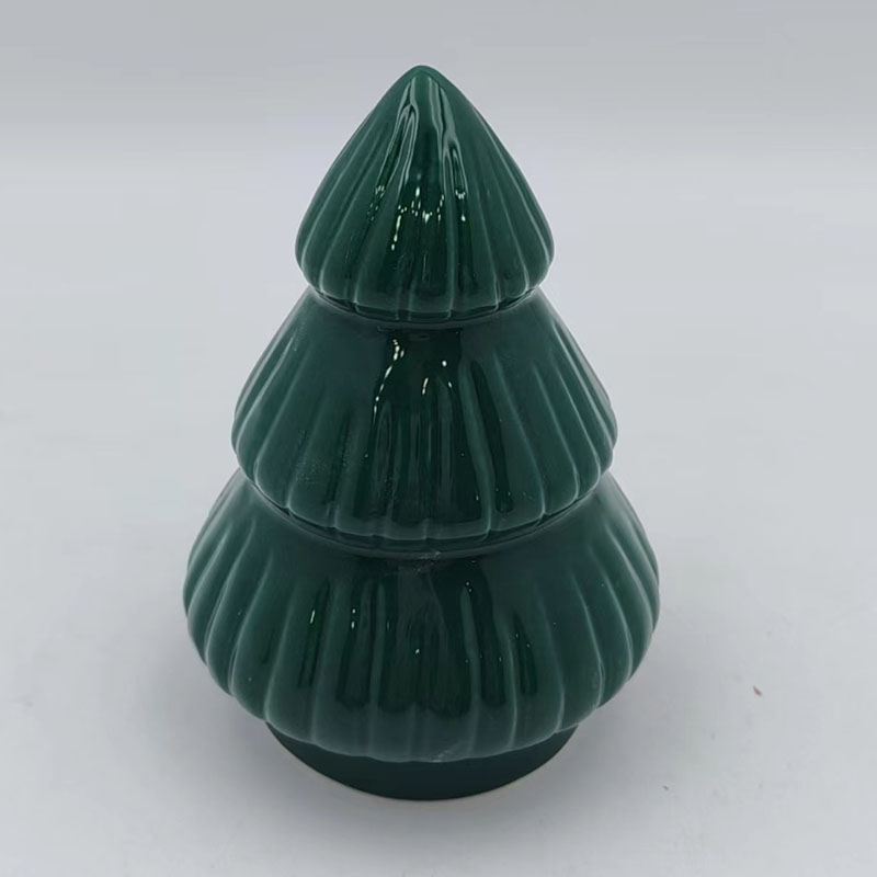 Dark Green Vertical Striped Ceramic Christmas Tree, Retro Fluted Holiday Decor Figurine