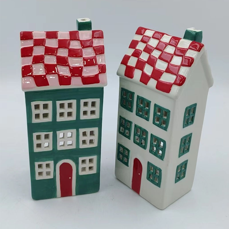 Glossy Ceramic House Figurine with Checkered Tile Roof, Hollow Cutout Window Design, Two‑Style Christmas Village Tabletop Decor