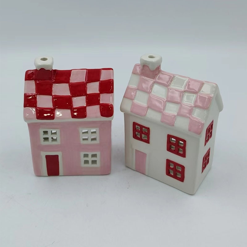 Checkered Roof Ceramic House Tealight Holder | Cross-Grid Cutout Window Design | Pink & Red Color Options | Cozy Holiday Tabletop Figurine