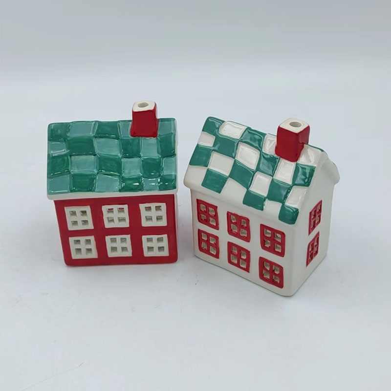 Checkered Roof Cottage Ceramic Candle House, Red & Green Christmas Village Light-up Ornament