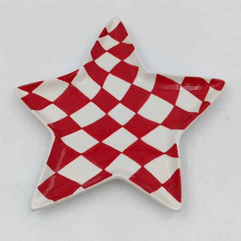 Checkered Star Ceramic Small Plate | Candy Colored Glossy Catchall Dish | Cute Desk Decor | Christmas Party Favor