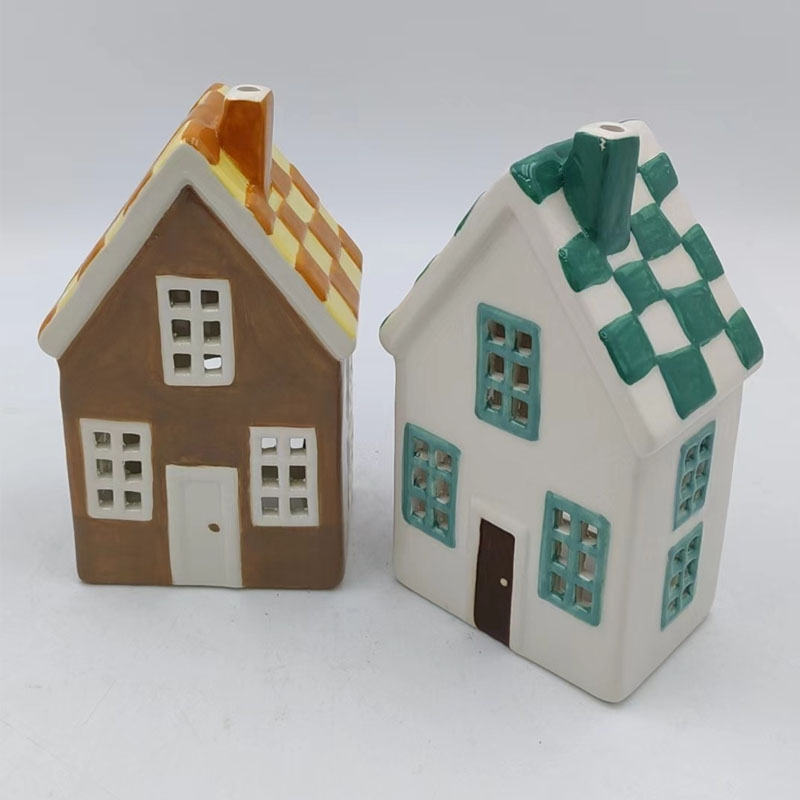 Checkered Roof Village House Ceramic Candle House, Two-Tone Christmas Village Light-up Ornament