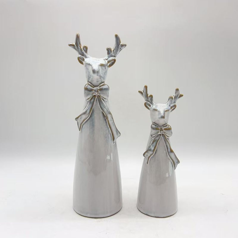 Premium Grey Ceramic Reindeer Figurine Set With Bow‑Tied Decor Details, Christmas Tabletop Holiday Decor