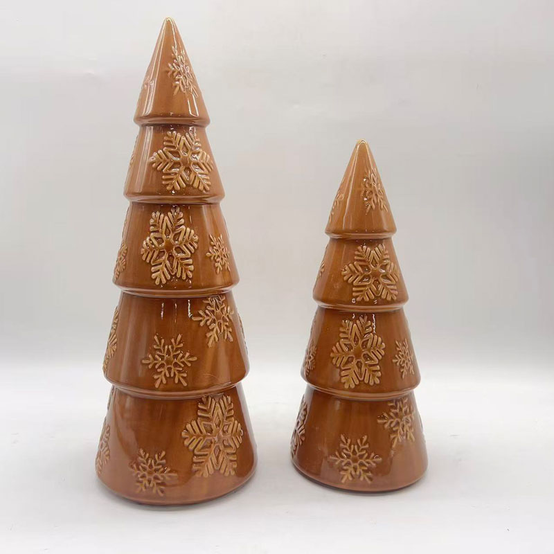 Caramel Brown Ceramic Christmas Tree Figurine | 3D Snowflake Relief Accents | Glossy Glaze | Holiday Tabletop Decor
