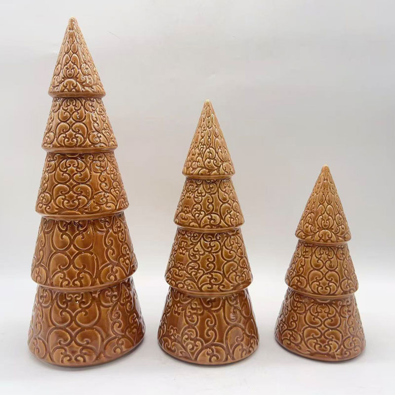 Caramel Scroll Pattern Ceramic Christmas Tree, Retro Embossed Holiday Decor Figurine