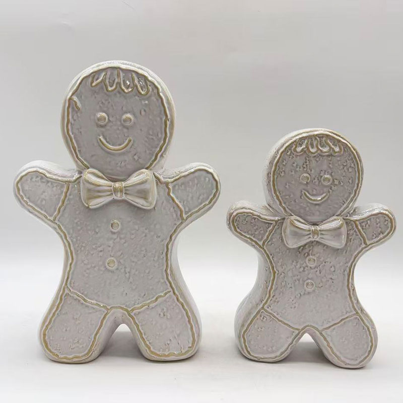 Bow‑Embossed Ceramic Gingerbread Man Ornament Set,Farmhouse‑Style Holiday Home Xmas Gift
