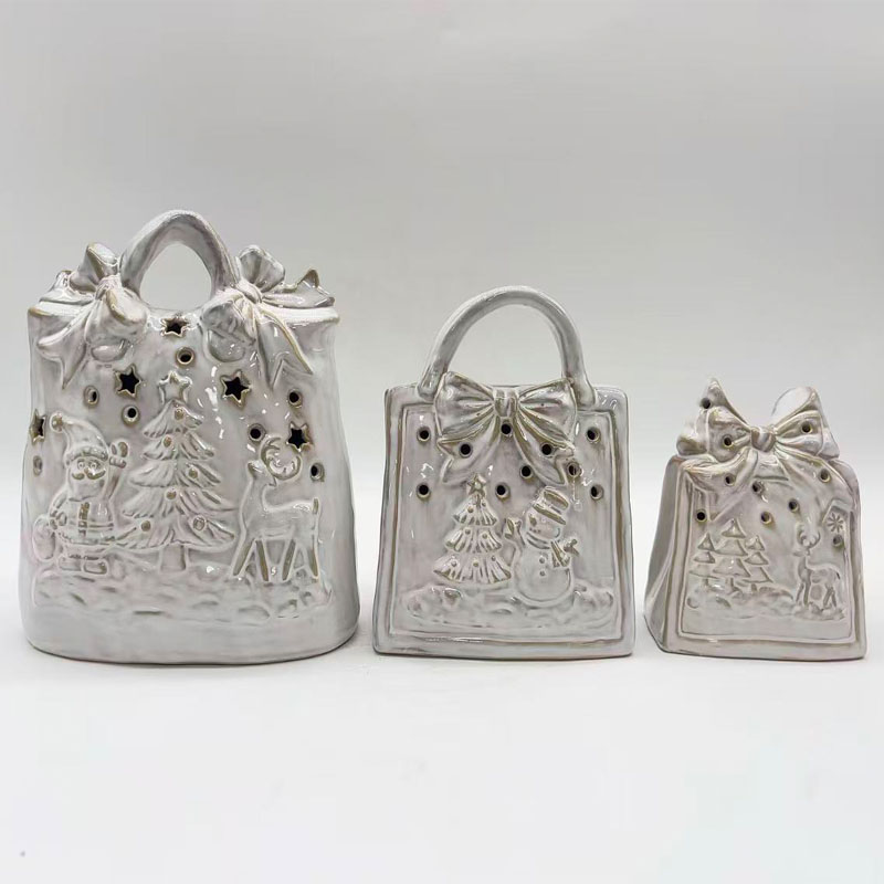 Christmas Gift Bag Ceramic Figurine | Christmas Element Relief | Cutout Glow Handbag Shape | Cozy Holiday Party Favor Set