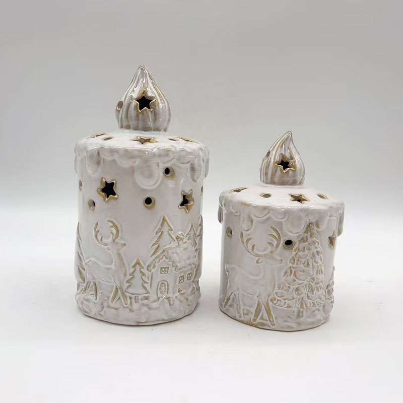 Cream White Embossed Christmas Forest Candle House, Reindeer Cottage Star Hollow Ceramic Candle Holder