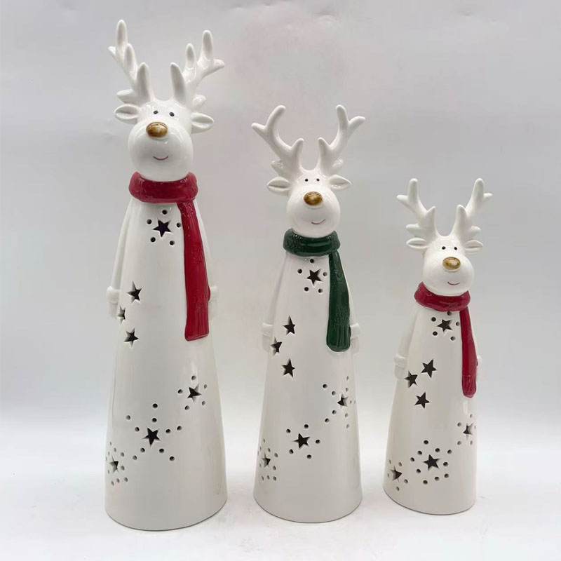Ceramic Reindeer Figurine Set with Star Hollow Cutout, Red & Green Knit‑Style Scarf, Christmas Tabletop Decor