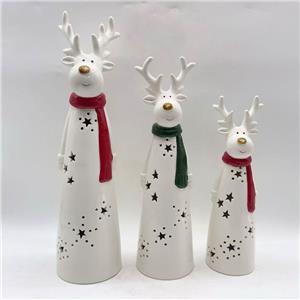 Ceramic Reindeer Figurine Set with Star Hollow Cutout, Red & Green Knit‑Style Scarf, Christmas Tabletop Decor