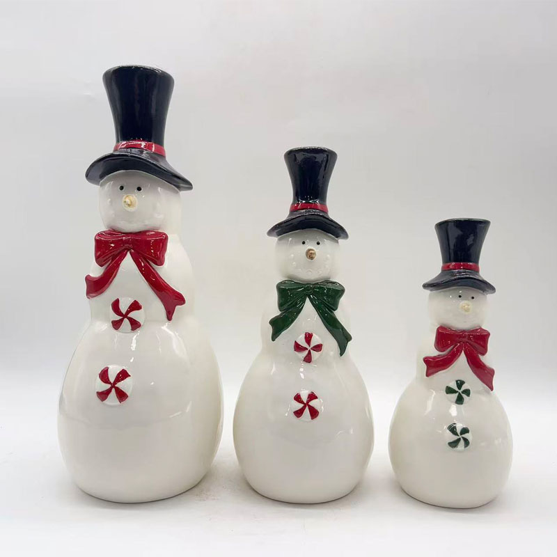 Top Hat Bow Tie Snowman Ceramic Figurine Set of 3, Peppermint Button Christmas Holiday Decor
