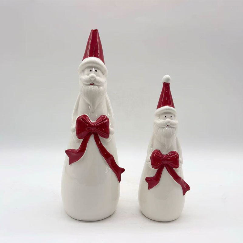 Christmas White Ceramic Santa Figurine Set with Red Bow & Pointed Hat, Farmhouse‑Style Xmas Home Decor Gift