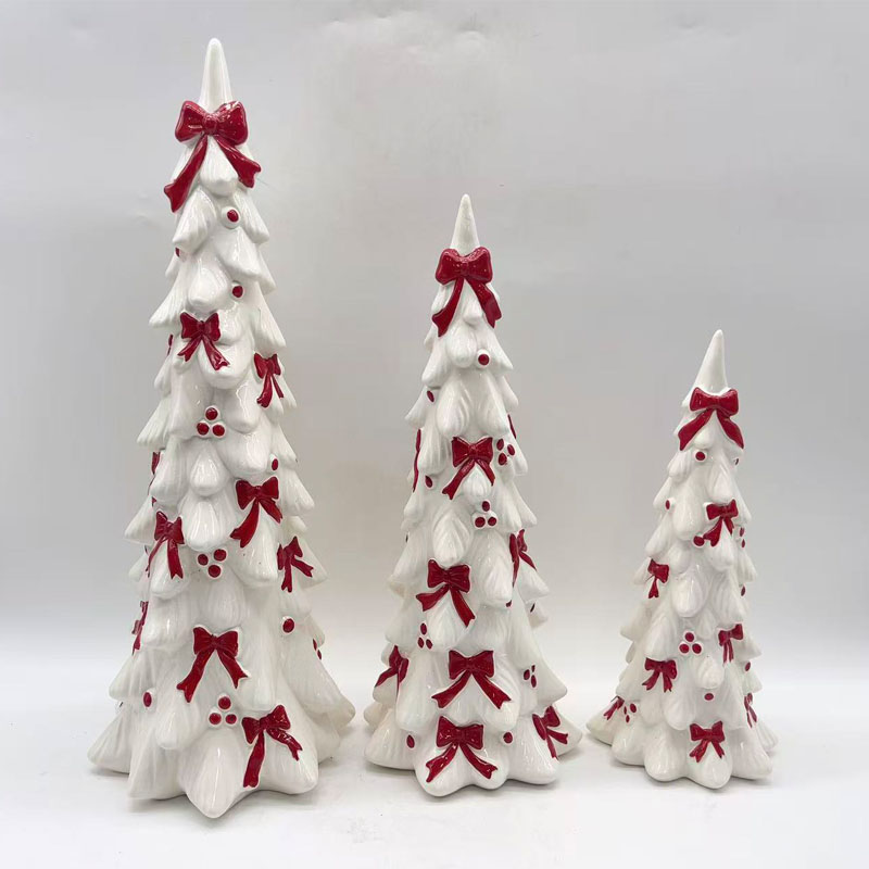White Ceramic Christmas Tree Decor with Red Ribbon Bows | 3D Relief Red Berries | Nordic Holiday Tabletop Figurine | Cozy Gift Set