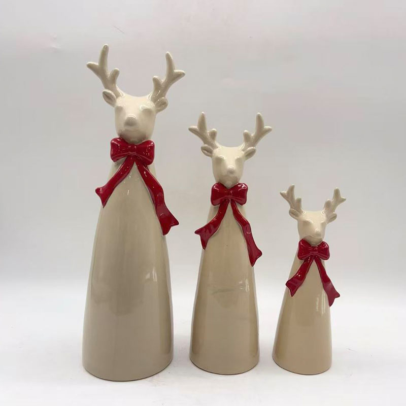 Off-White Red Bow Reindeer Ceramic Figurine Set of 3, Minimalist Style Christmas Holiday Decor