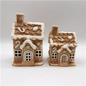 Ceramic Gingerbread House Figurine Set, Embossed Candy Cane & Snow Trim, Hollow Cut‑out Windows, Vintage Christmas Tabletop Decor
