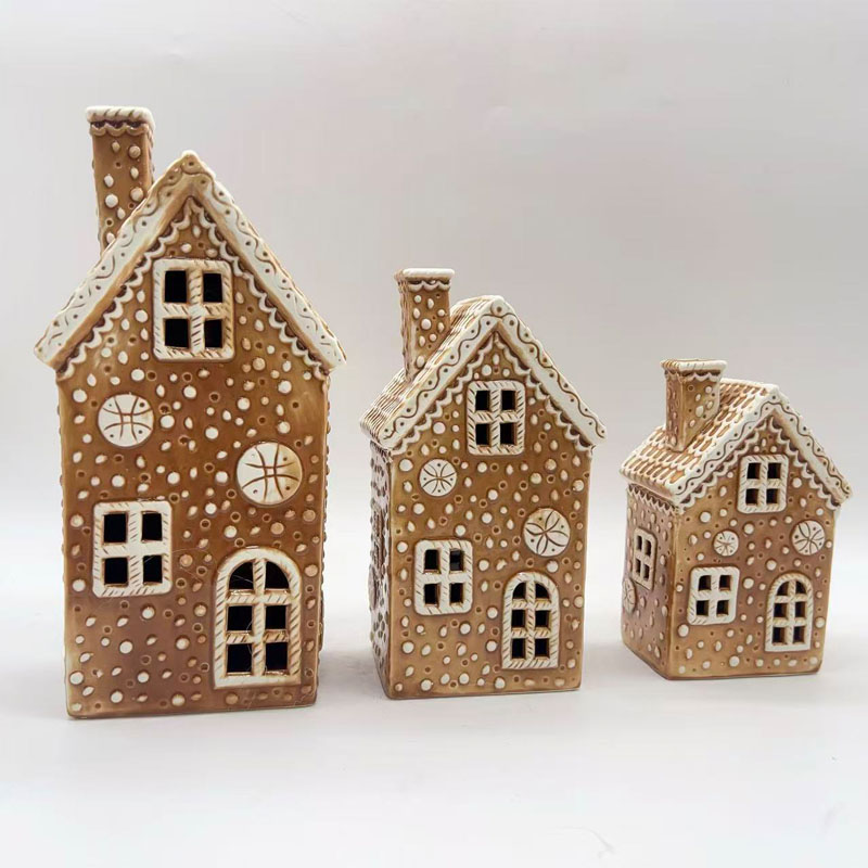 Retro Maximalist Gingerbread House Shaped Ceramic Candle House, Icing Dot Hollow-out Christmas Decor Ornament