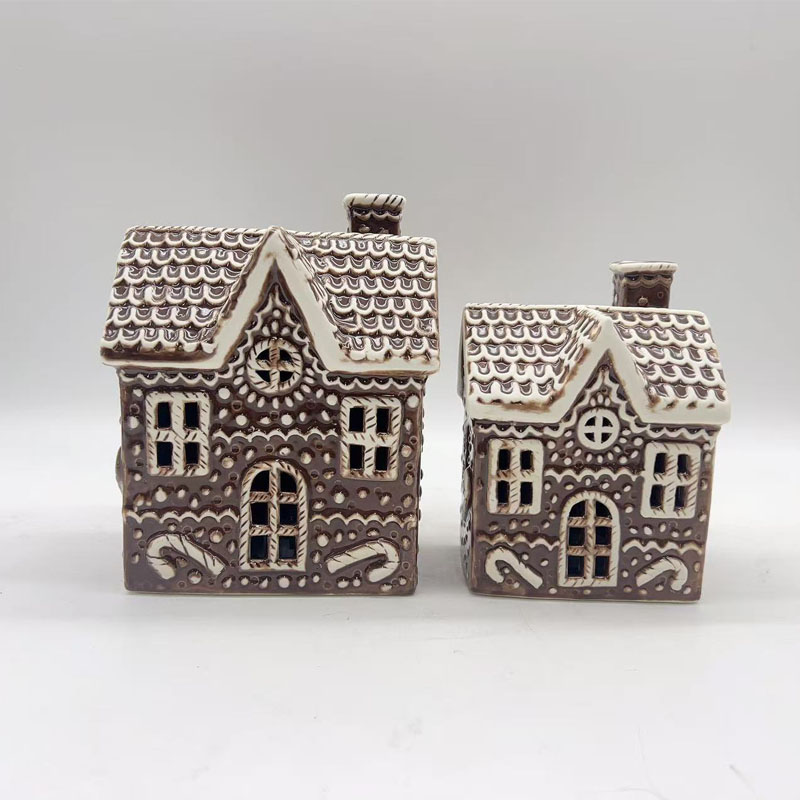 Mocha Gingerbread House Ceramic Candle Holder | Dense Frosting Details & Cross-Grid Cutouts | Retro Christmas Village Miniature Decor