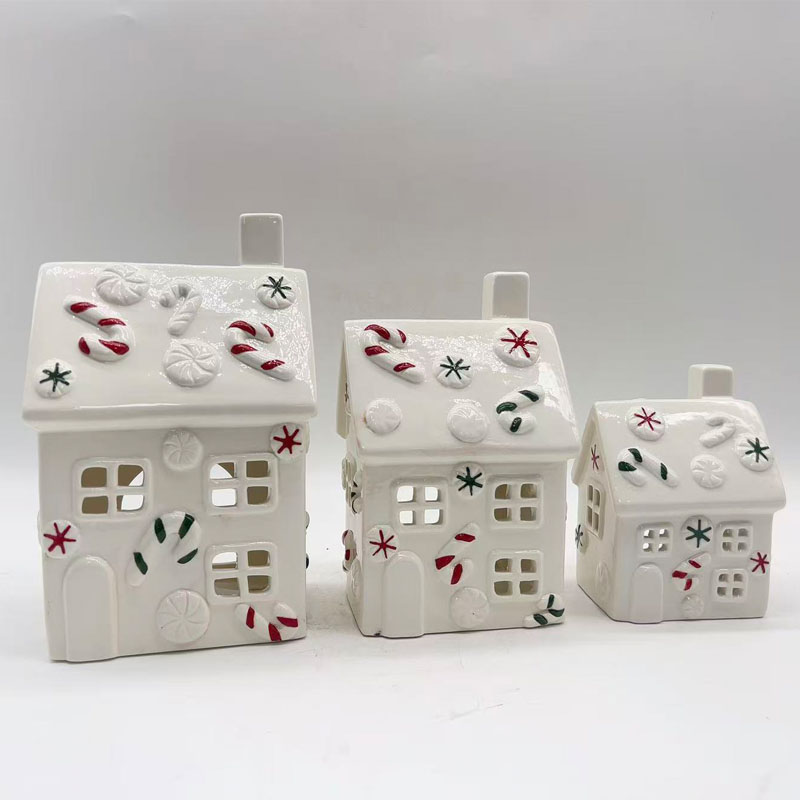 Red & Green Striped Candy Cane Decor Cream Style Ceramic Candle House, Christmas Candy House Hollow-out Ornament