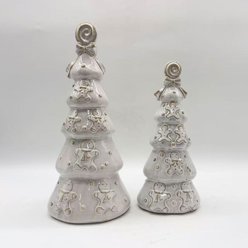 White Glazed Ceramic Christmas Tree Figurine Set, Cute Whimsical Embossed Gingerbread Man & Candy Bow Top, Vintage Farmhouse Christmas Tabletop Decor