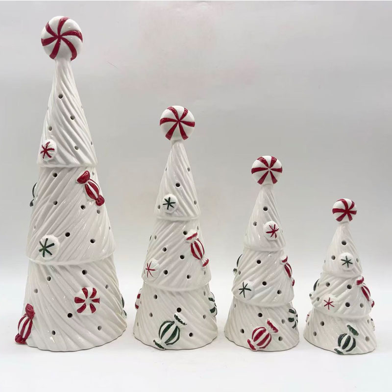 Swirled Peppermint Ceramic Christmas Tree Figurine | Red & Green Candy Accents with Cutout Holes | Exquisite Gift Set
