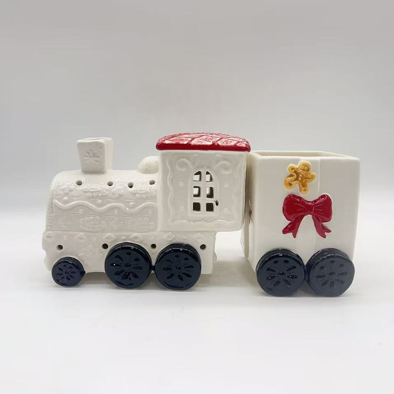 Christmas Train Shaped Ceramic Candle House, Maximalist Pattern, Bow & Gingerbread Man Embossed Decor Ornament