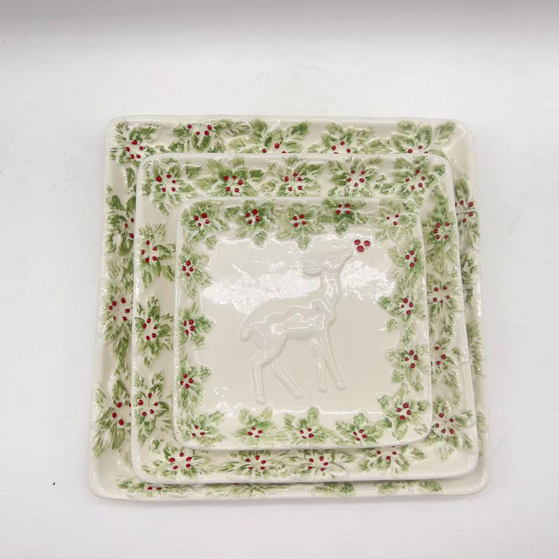 Three‑Size Square Ceramic Serving Plate Set, Embossed Fawn & Holly Berry Border, Vintage Christmas Tableware Decor