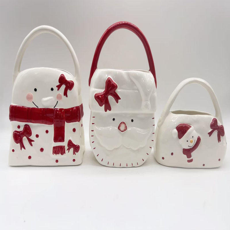 Playful Christmas Themed Ceramic Handbag Decor Figurine Set of 3, Snowman & Santa Claus Bow Embossed Storage Basket