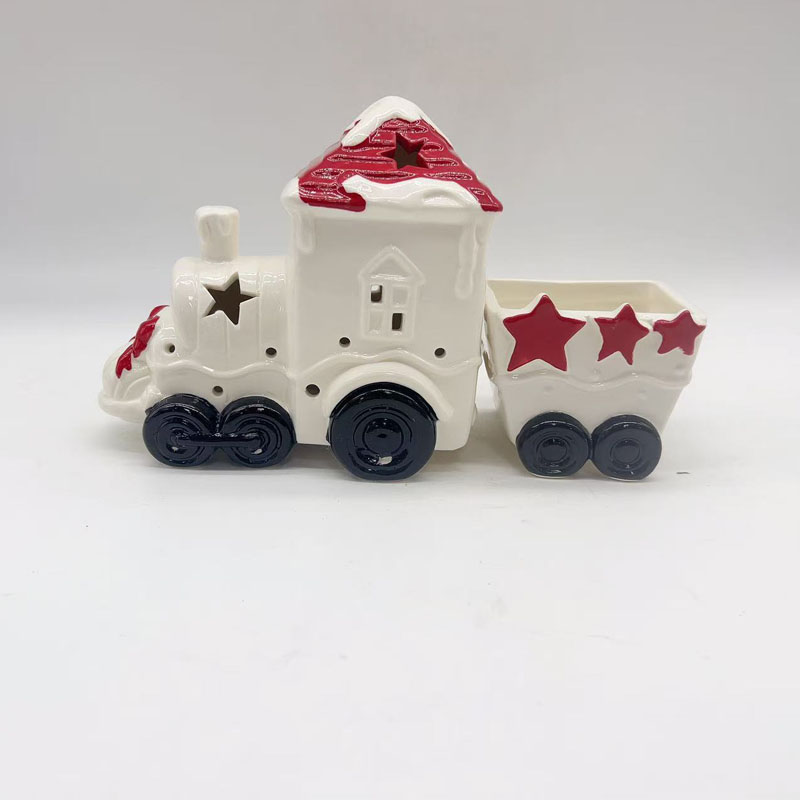 Ceramic Christmas Train Figurine, Star Hollow Cut‑out, Red Snow‑capped Roof & Red Star‑Decorated Carriage, Vintage Holiday Tabletop Decor