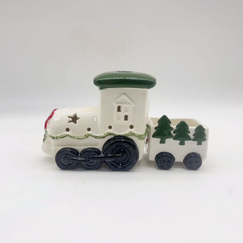 Christmas Train Ceramic Figurine | Star Cutout & Green Christmas Tree Carriage | Cute Holiday Tabletop Decor