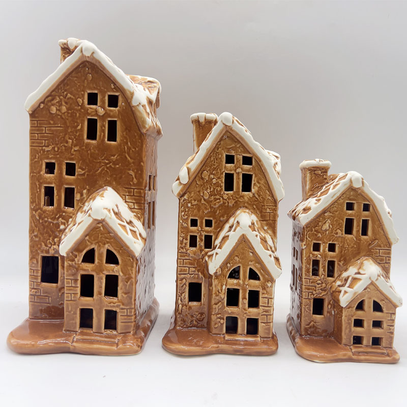 Snow-Capped Roof Gingerbread House Ceramic Cottage Figurine, Brick Texture Christmas Village