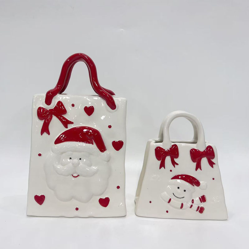 Ceramic Gift Bag Figurine Set, Embossed Santa & Snowman Motifs, Red Bow And Heart Accents, Vintage Christmas Tabletop Decor