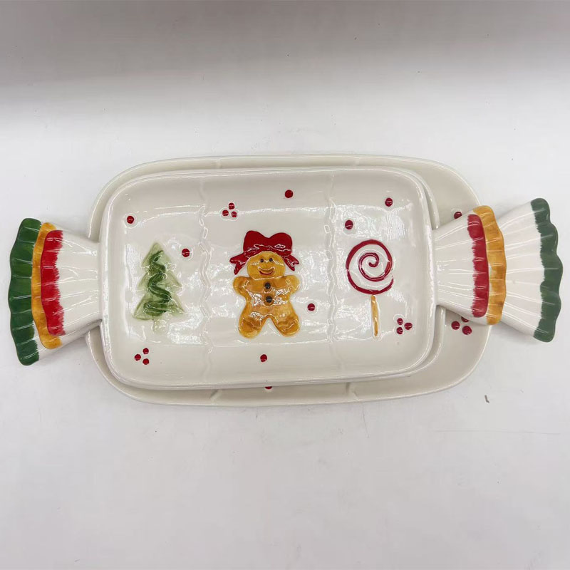 Candy‑Shaped Ceramic Serving Tray Set, Embossed Gingerbread Man, Christmas Tree & Lollipop Motifs, Vintage Christmas Tableware Decor