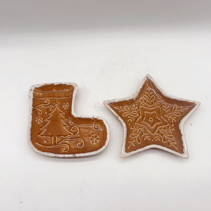 Gingerbread Style Christmas Stocking & Star Ceramic Tray | Caramel Glaze with White Frosting Edges | Christmas Tree & Vine Relief Accents