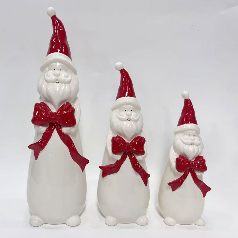 Minimalist White Ceramic Santa with Red Bow Figurine | Slender Silhouette & Round Feet Base | Nordic Holiday Tabletop Accent | Exquisite Gift Set