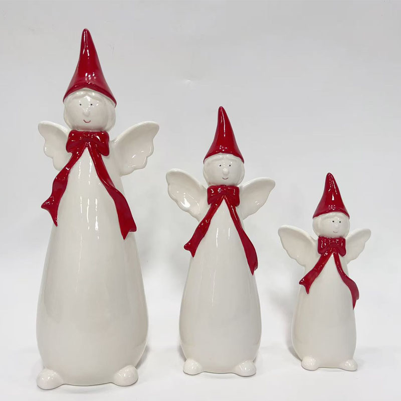 Red Pointed Hat Winged Angel Ceramic Figurine Set of 3, Red Bow Decor Christmas Holiday Ornament