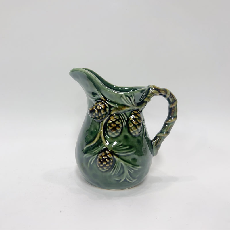 Green Embossed Pinecone Ceramic Pitcher, Twisted Branch‑Shaped Handle, Vintage Winter Tableware Decor