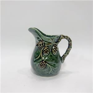 Green Embossed Pinecone Ceramic Pitcher, Twisted Branch‑Shaped Handle, Vintage Winter Tableware Decor