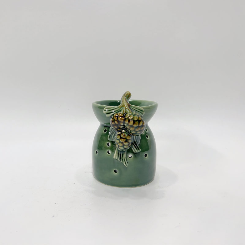 Forest Green Pinecone Relief Ceramic Tealight Holder | 3D Pinecone & Needle Relief Accents | Vintage Glossy Glaze | Winter Nature Tabletop Decor